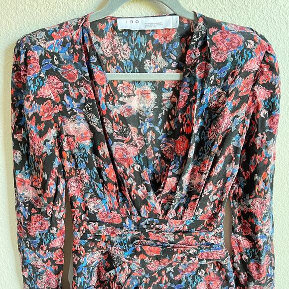 IRO Floral Fling Silk Sheath Mini Dress Women's 34 US 2 Long Sleeve Faux Wrap - Picture 2 of 8
